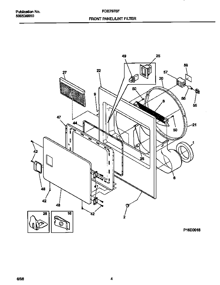 FRONT PANEL / LINT FILTER Diagram and Parts List for FDE7976FS0  Frigidaire Dryer