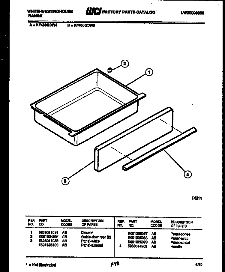 DRAWER PARTS Diagram and Parts List for KF460GDD4  Frigidaire Range