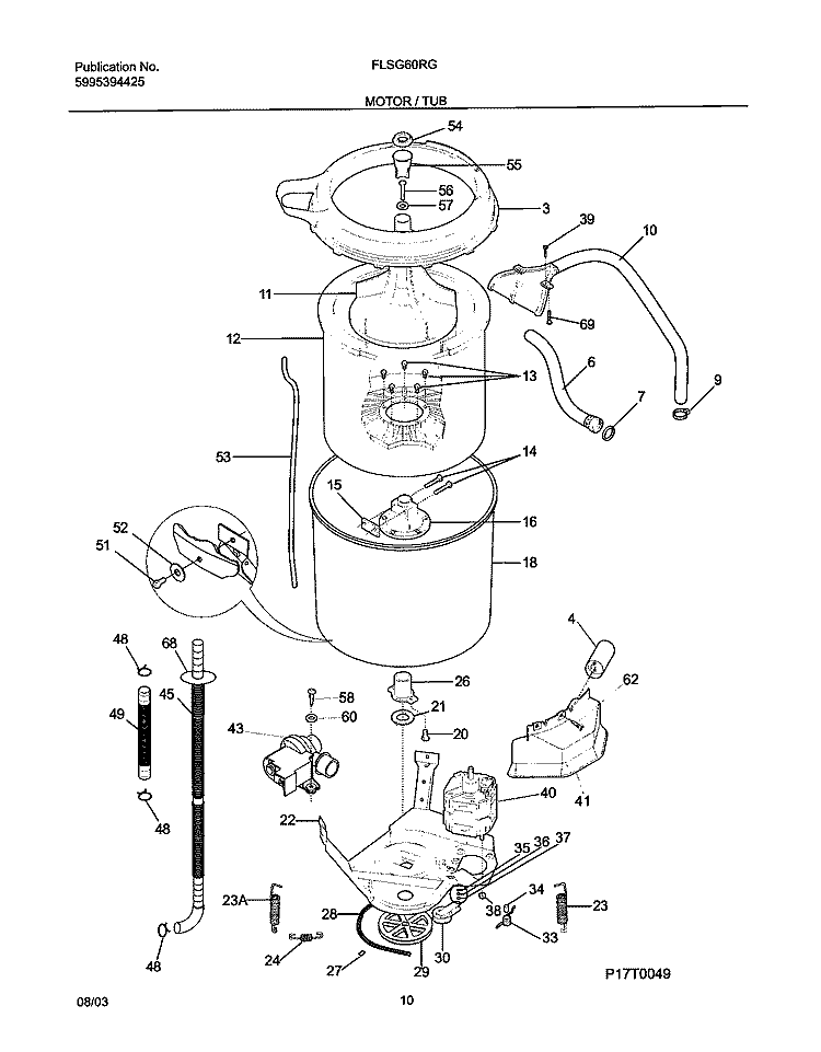 MOTOR / TUB Diagram and Parts List for FLSG60RGS2  Frigidaire Washer Dryer Combo