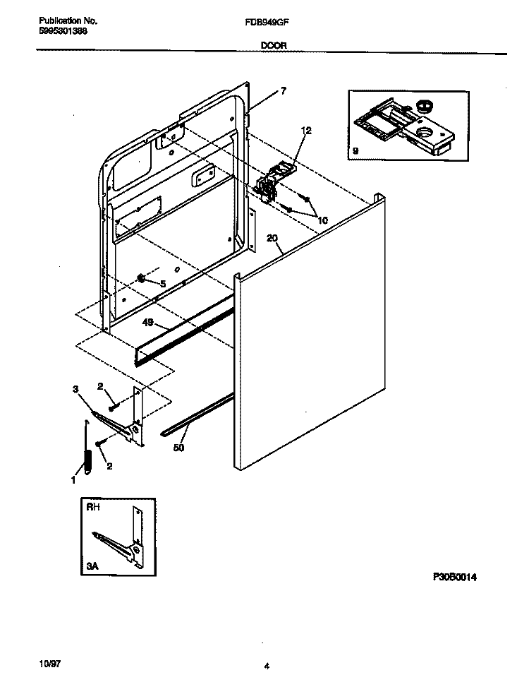 DOOR Diagram and Parts List for FDB949GFB1  Frigidaire Dishwasher