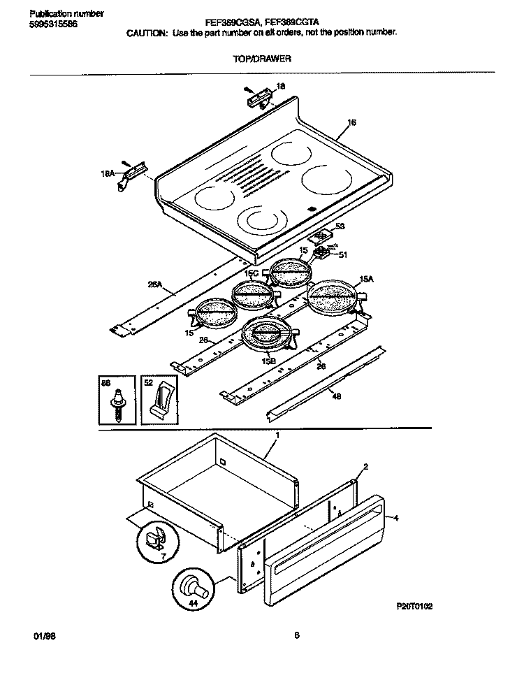 TOP / DRAWER Diagram and Parts List for FEF369CGTA  Frigidaire Range