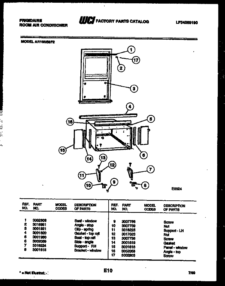 WINDOW MOUNTING PARTS Diagram and Parts List for AR18NS8F2  Frigidaire Air Conditioner