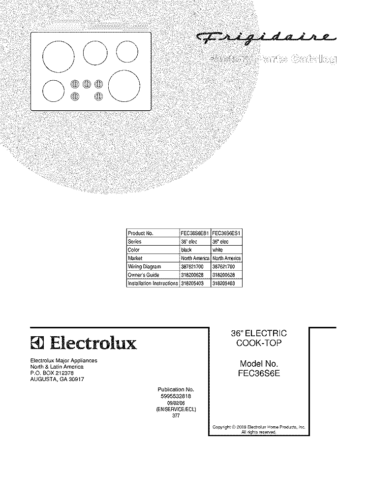 COVER Diagram and Parts List for FEC36S6ES1  Frigidaire Cooktop