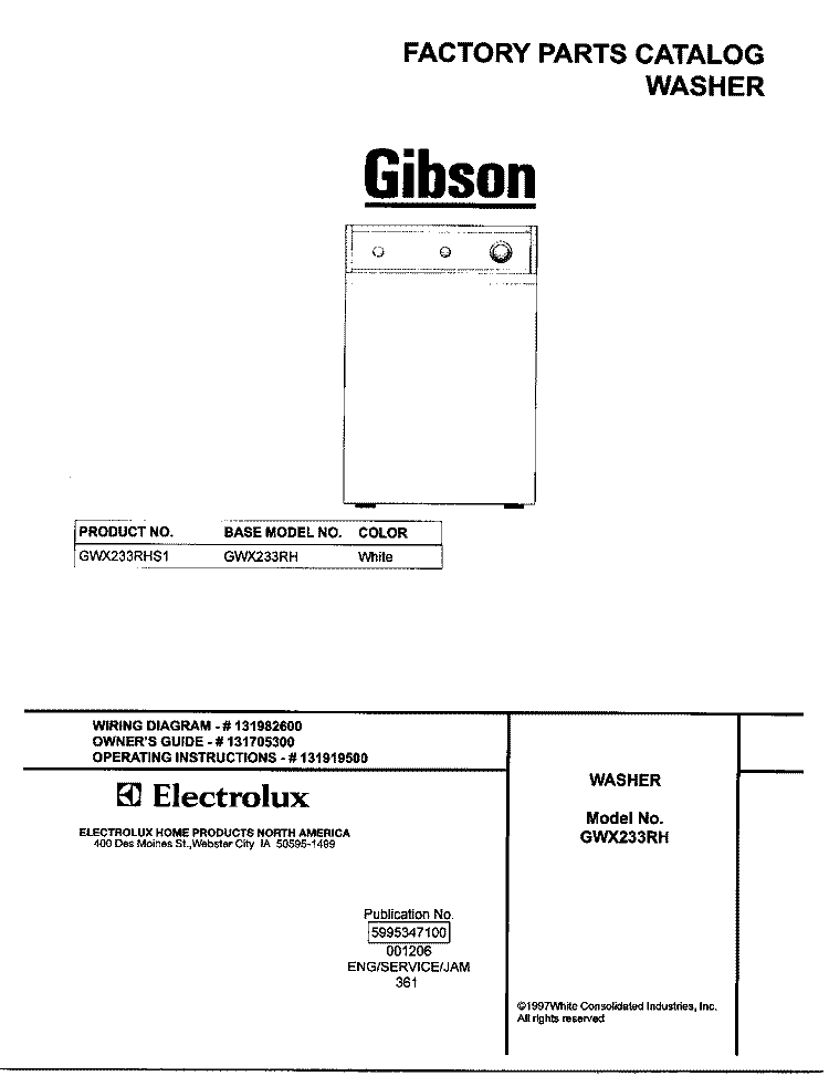 COVER Diagram and Parts List for GWX233RHS1  Gibson Washer