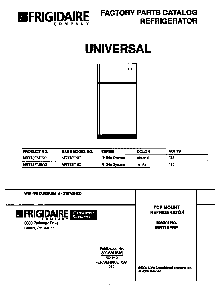 COVER Diagram and Parts List for MRT18FNEW2  Frigidaire Refrigerator
