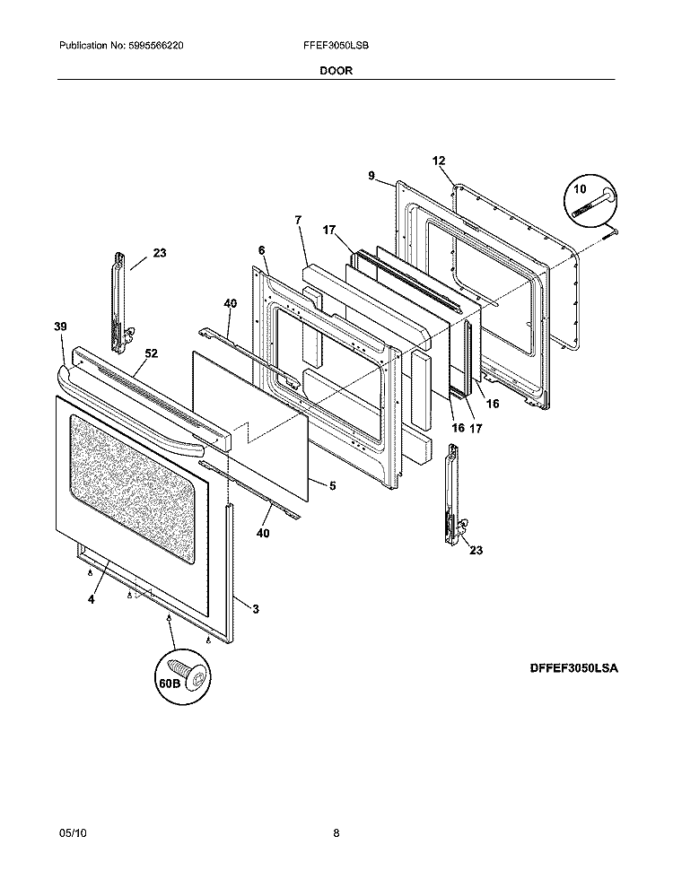 DOOR Diagram and Parts List for FFEF3050LSB  Frigidaire Range