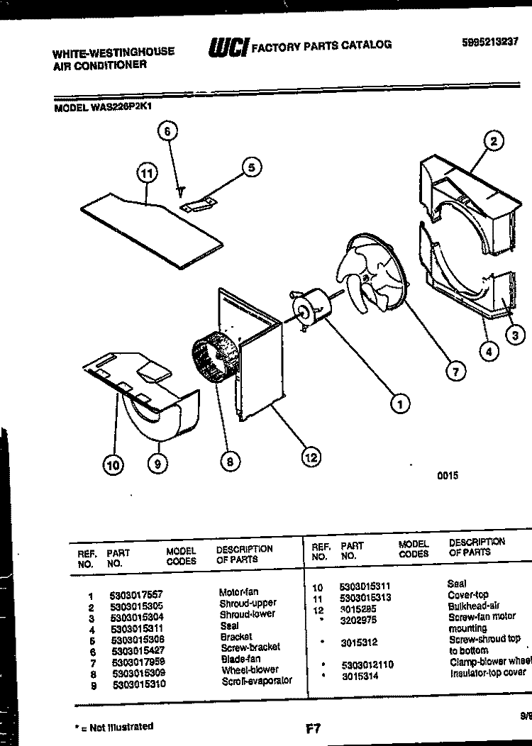 AIR HANDLING PARTS Diagram and Parts List for WAS226P2K1  Frigidaire Air Conditioner