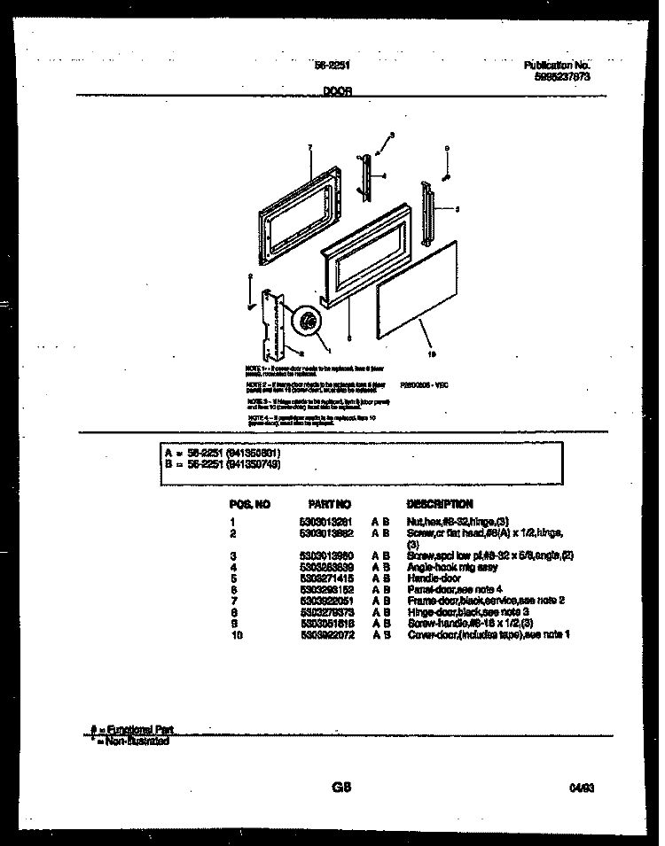 DOOR PARTS Diagram and Parts List for 56-2251-10-03  Tappan Microwave