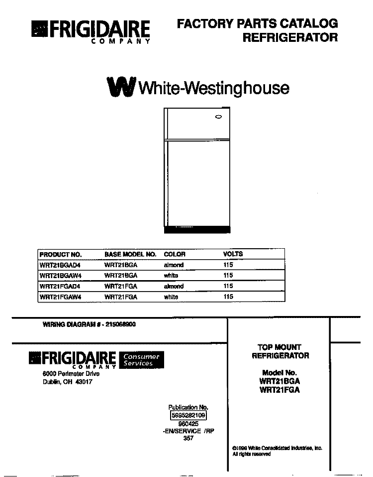 COVER Diagram and Parts List for WRT21FGAD4  Frigidaire Refrigerator