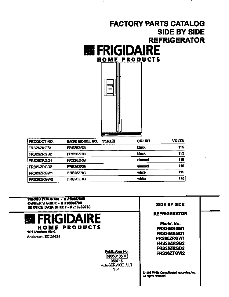 COVER Diagram and Parts List for FRS26ZRGW1  Frigidaire Refrigerator