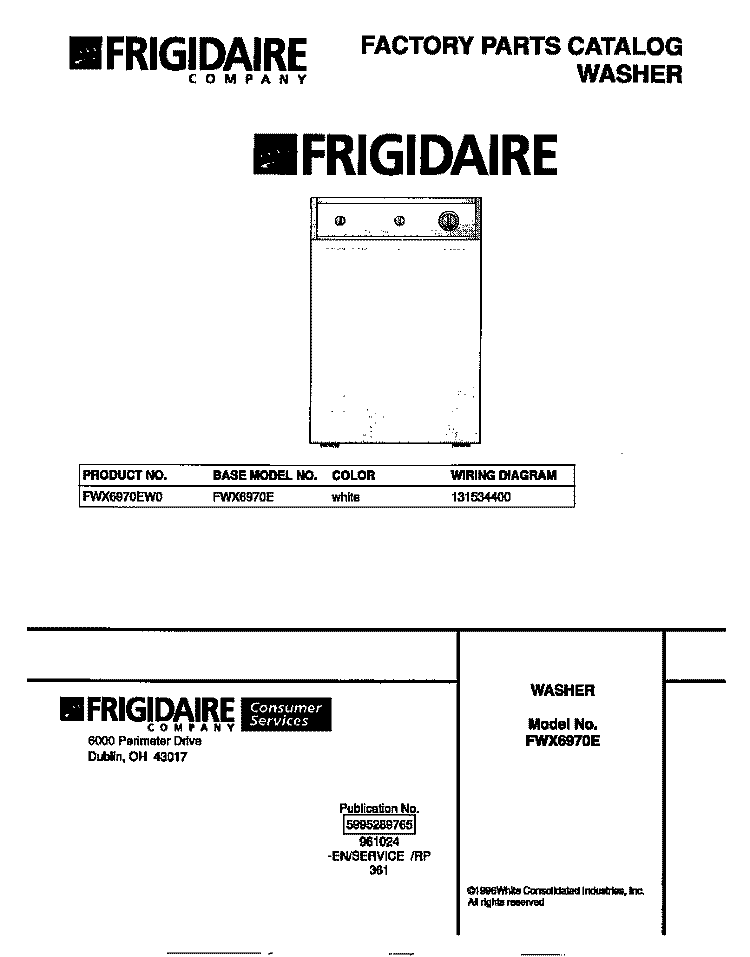 COVER Diagram and Parts List for FWX6970EW0  Frigidaire Washer