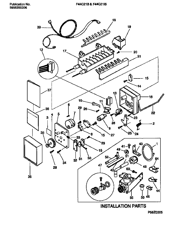 ICE MAKER COMPONENTS Diagram and Parts List for F44C21BD0  Frigidaire Refrigerator