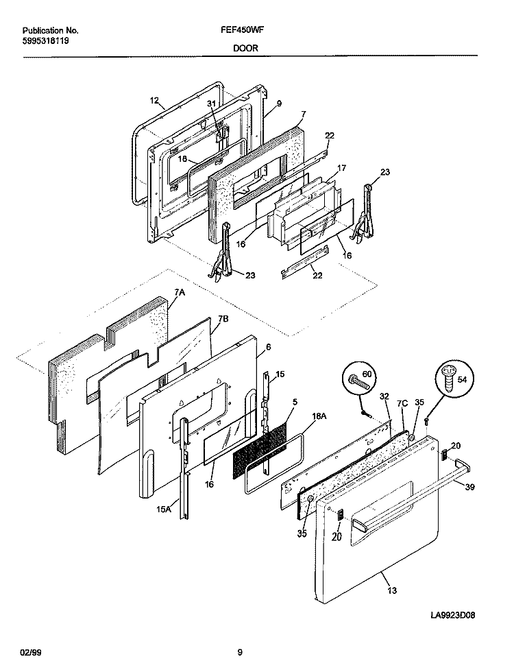 DOOR Diagram and Parts List for FEF450WFWC  Frigidaire Range