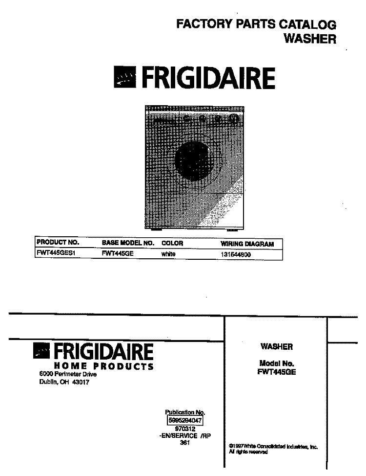 COVER Diagram and Parts List for FWT445GES1  Frigidaire Washer