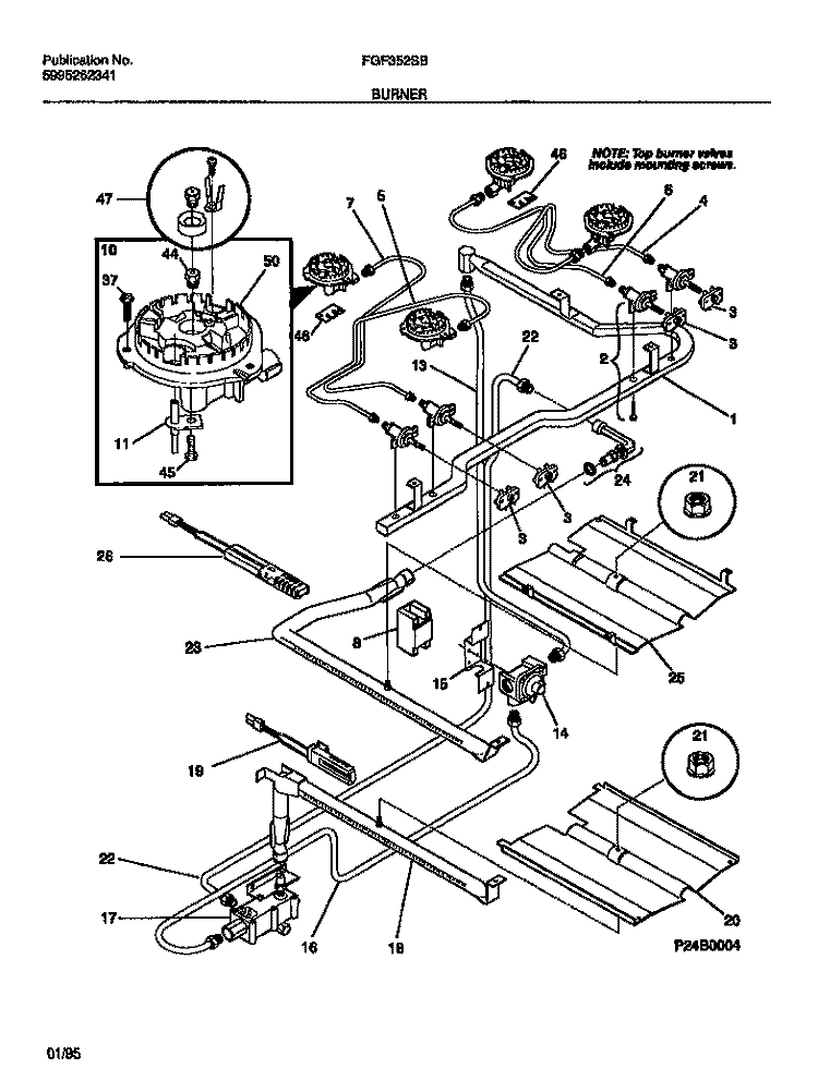 BURNER Diagram and Parts List for FGF352SBWA  Frigidaire Range