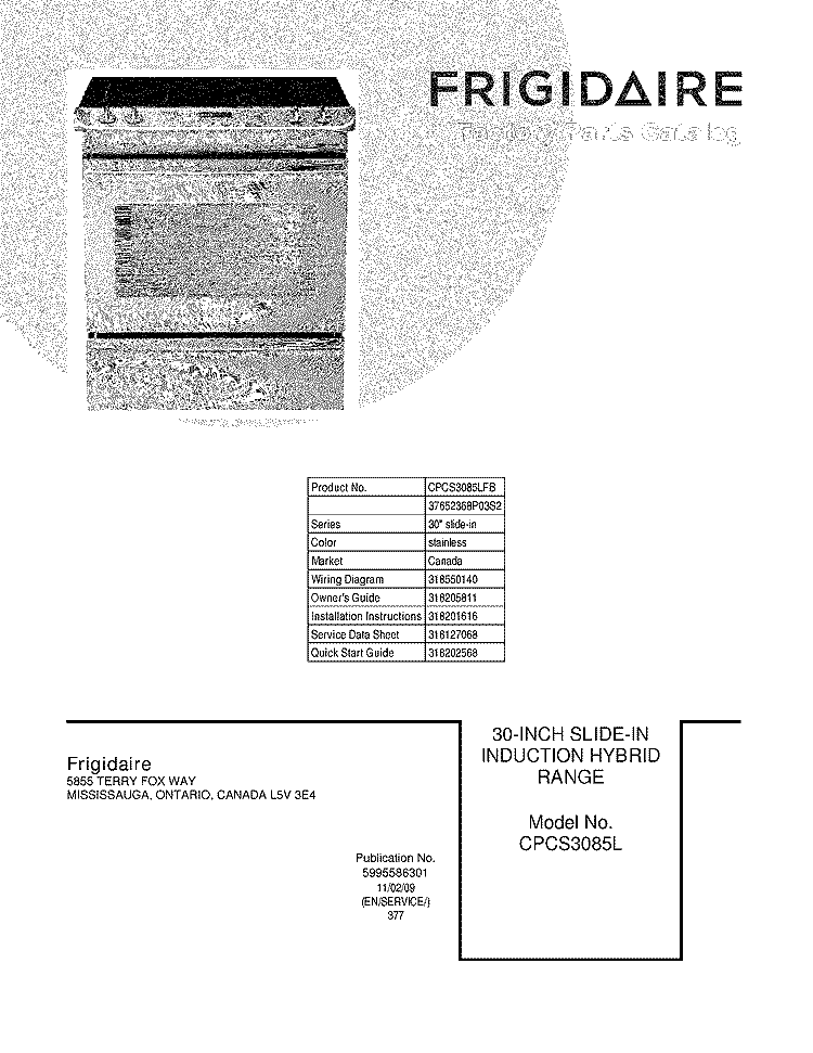 COVER Diagram and Parts List for CPCS3085LFB  Frigidaire Range