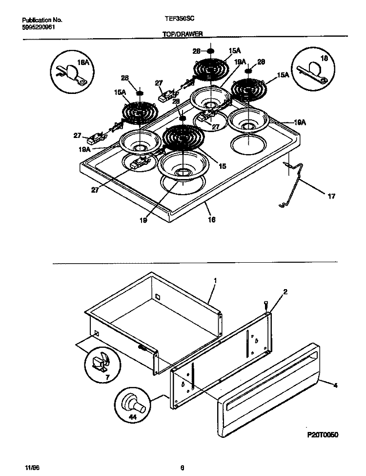 TOP / DRAWER Diagram and Parts List for TEF350SCDD  Tappan Range