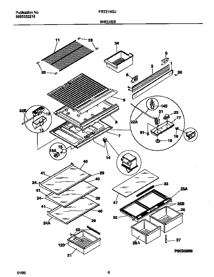 SHELVES Diagram and Parts List for FRT21NGJB1  Frigidaire Refrigerator