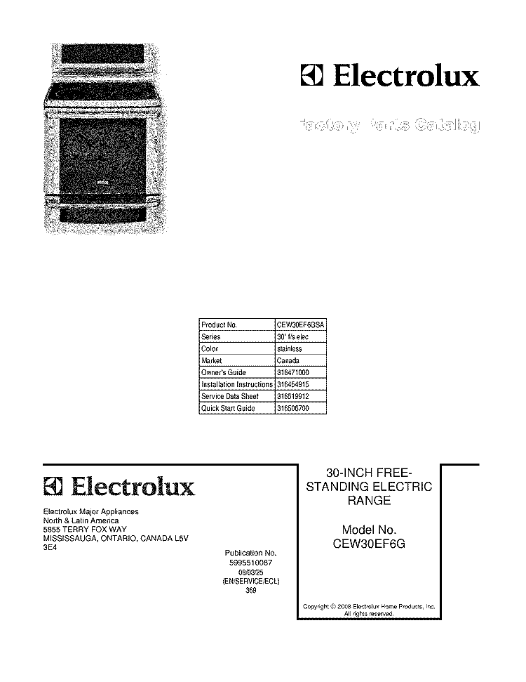 COVER Diagram and Parts List for CEW30EF6GSA  Electrolux Range
