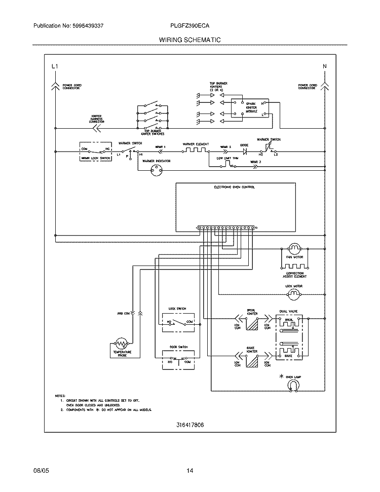 WIRING SCHEMATIC Diagram and Parts List for PLGFZ390ECA  Frigidaire Range