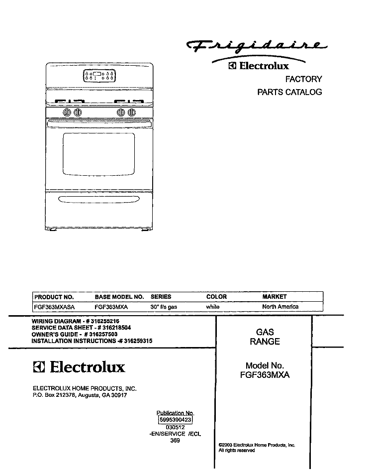 COVER Diagram and Parts List for FGF363MXASA  Frigidaire Range