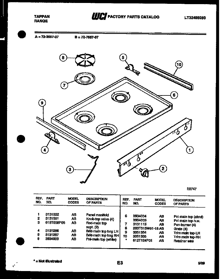 COOKTOP PARTS Diagram and Parts List for 72-3657-00-07  Tappan Range
