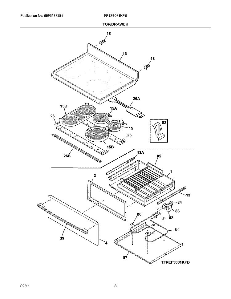 TOP/DRAWER Diagram and Parts List for FPEF3081KFE  Frigidaire Range