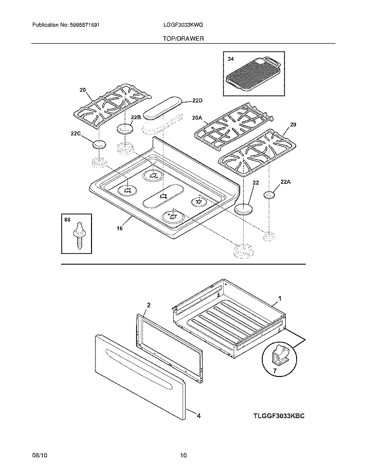 TOP/DRAWER Diagram and Parts List for LGGF3033KWG  Frigidaire Range
