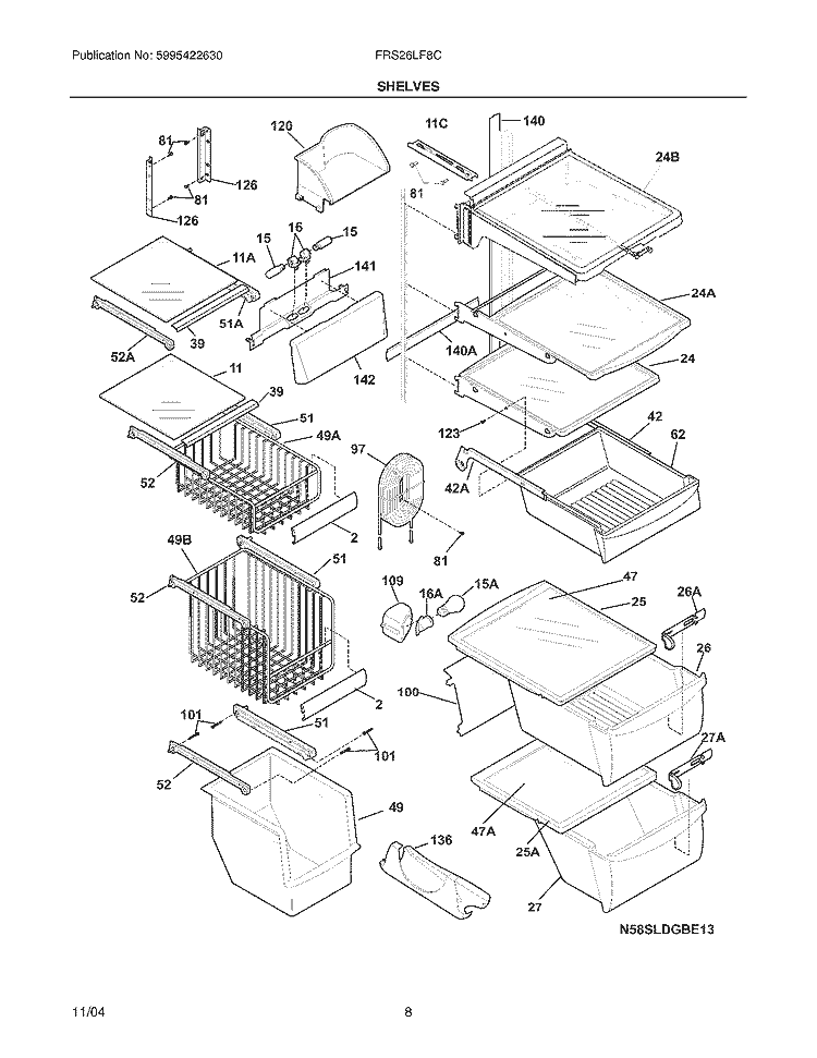 SHELVES Diagram and Parts List for FRS26LF8CS7  Frigidaire Refrigerator