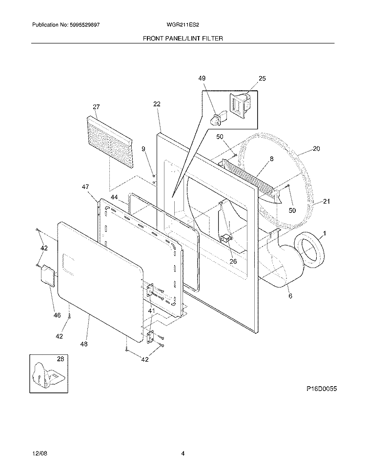 FRONT PANEL/LINT FILTER Diagram and Parts List for WGR211ES2  Crosley Dryer