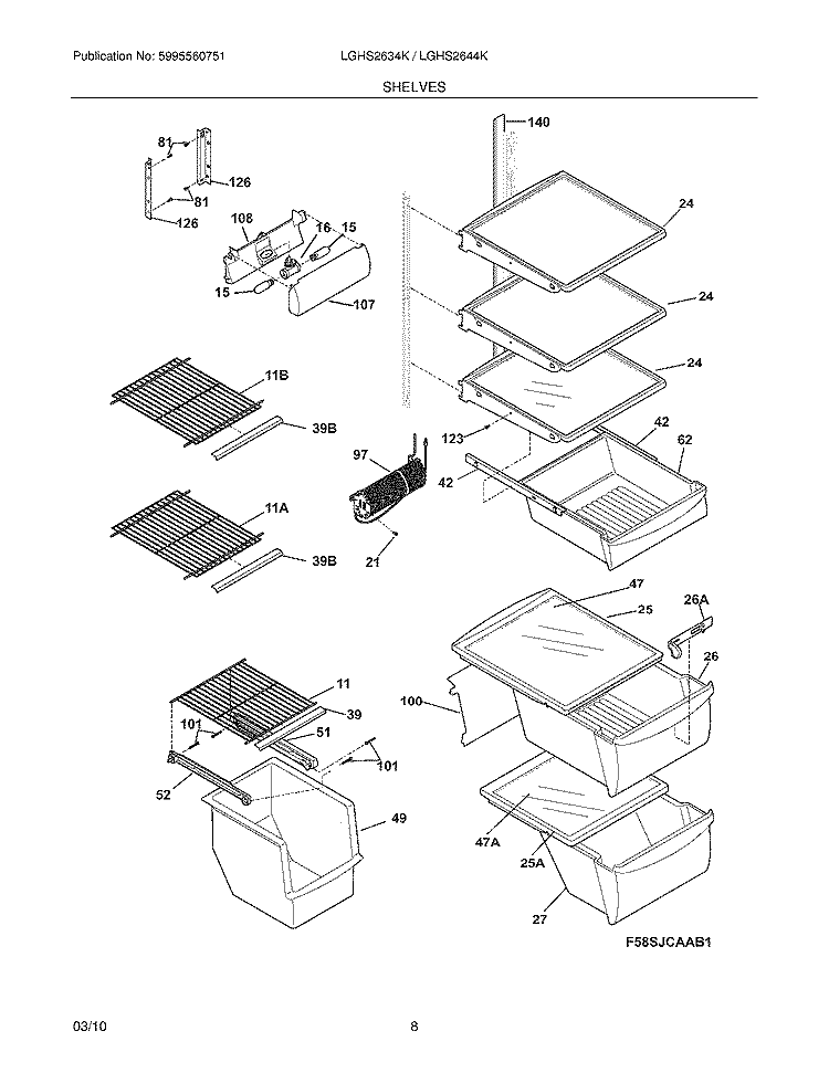 SHELVES Diagram and Parts List for LGHS2634KP2  Frigidaire Refrigerator