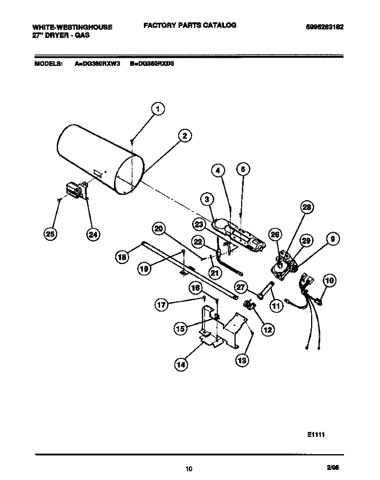 GAS VALVE, BURNER ASSEMBLY, SENSOR Diagram and Parts List for DG350RXW3  Frigidaire Dryer