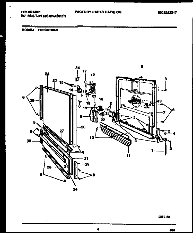 DOOR PARTS Diagram and Parts List for FDB232RBR0  Frigidaire Dishwasher