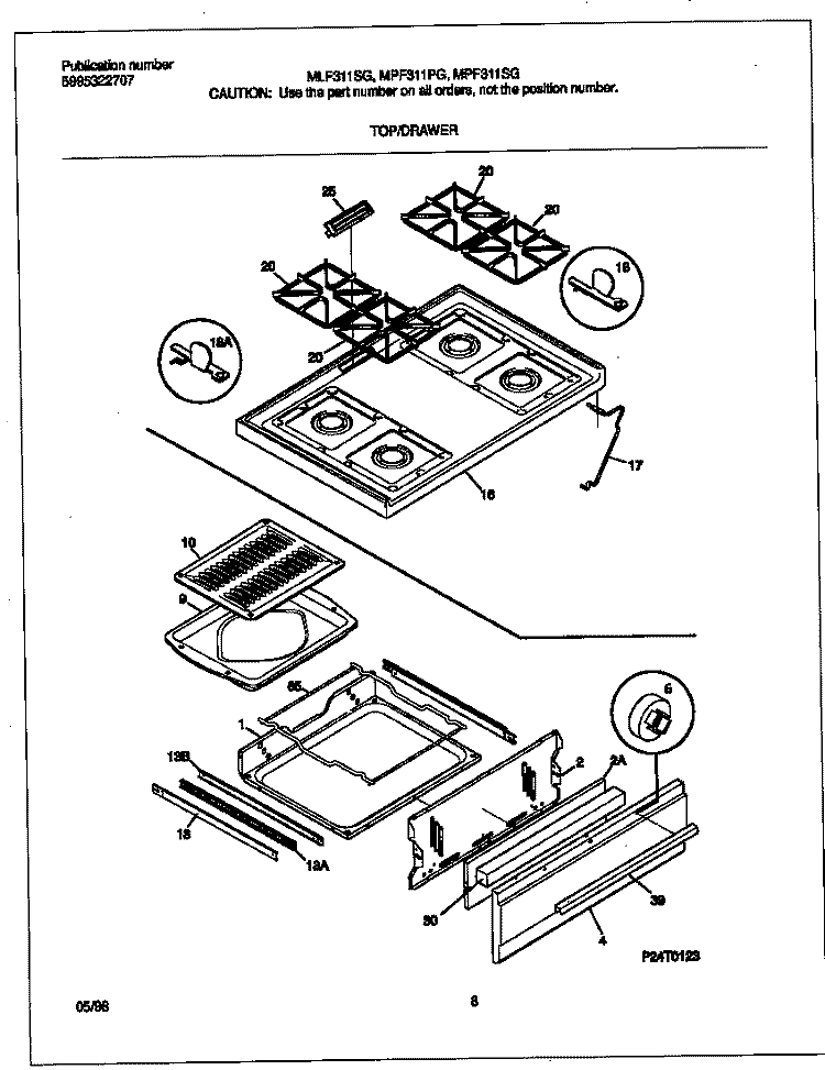TOP / DRAWER Diagram and Parts List for MLF311SGDD  Frigidaire Range