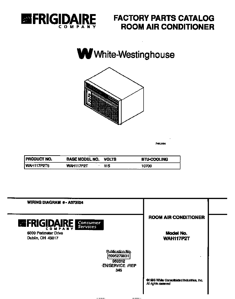 COVER Diagram and Parts List for WAH117P2T5  Frigidaire Air Conditioner