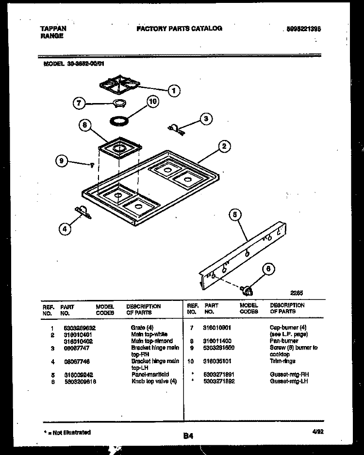 COOKTOP PARTS Diagram and Parts List for 30-3852-00-01  Tappan Range