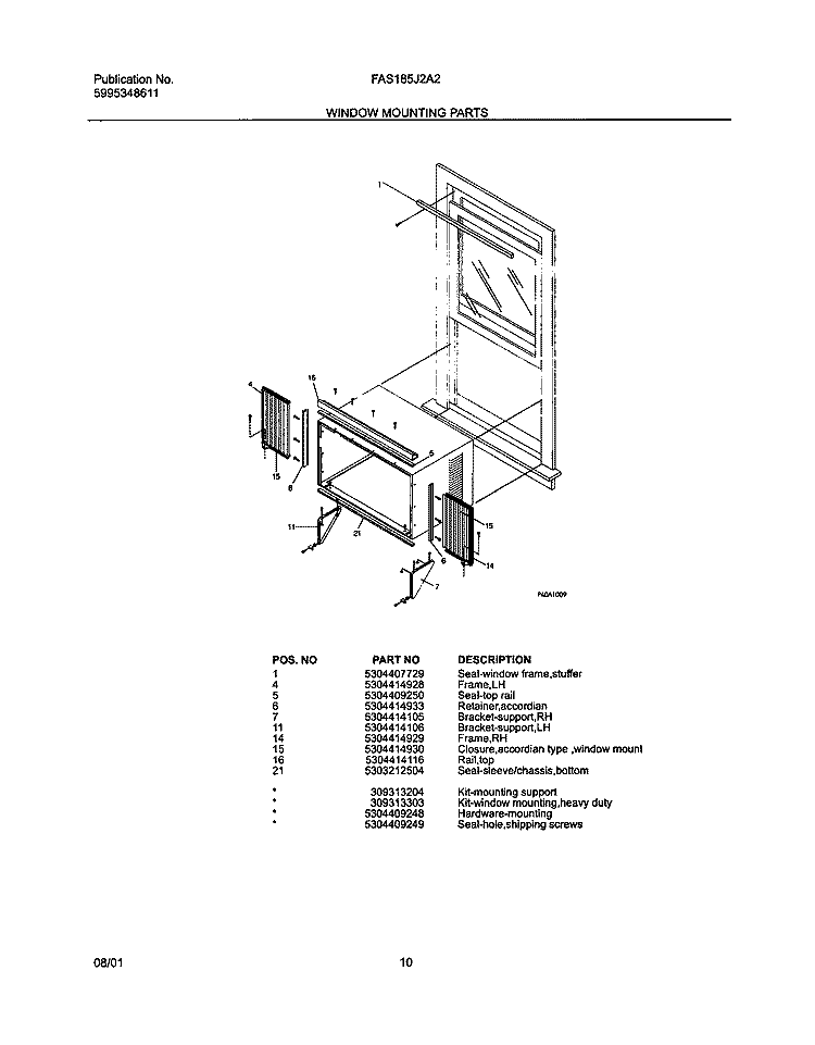 WINDOW MOUNTING Diagram and Parts List for FAS185J2A2  Frigidaire Air Conditioner