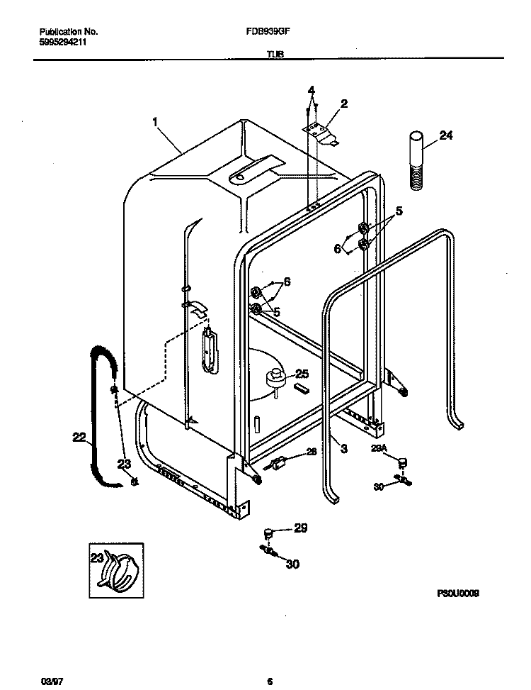 TUB Diagram and Parts List for FDB939GFS2  Frigidaire Dishwasher