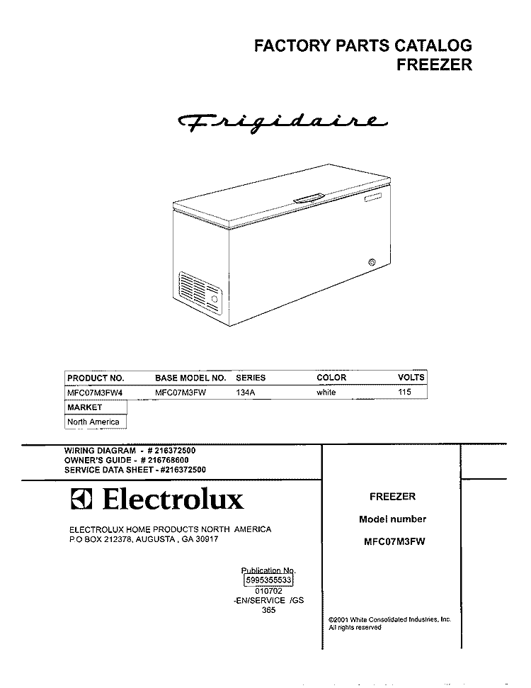COVER Diagram and Parts List for MFC07M3FW4  Frigidaire Freezer