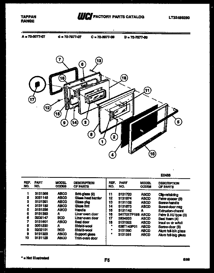 LOWER OVEN DOOR PARTS Diagram and Parts List for 72-3977-00-08  Tappan Range