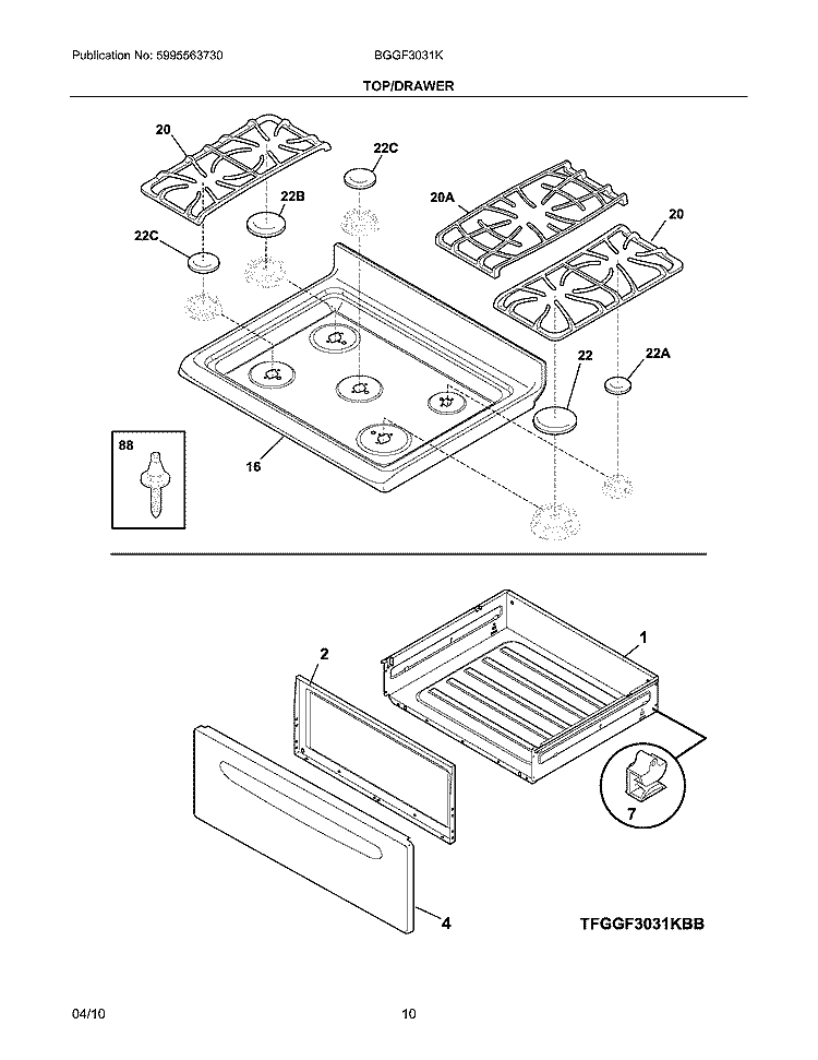 TOP/DRAWER Diagram and Parts List for BGGF3031KWF  Frigidaire Range