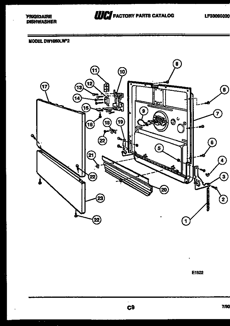 DOOR PARTS Diagram and Parts List for DW1050LA2  Frigidaire Dishwasher