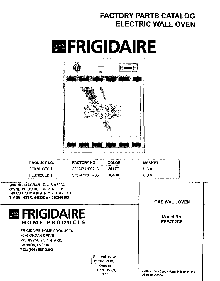 COVER Diagram and Parts List for FEB702CEBH  Frigidaire Wall Oven