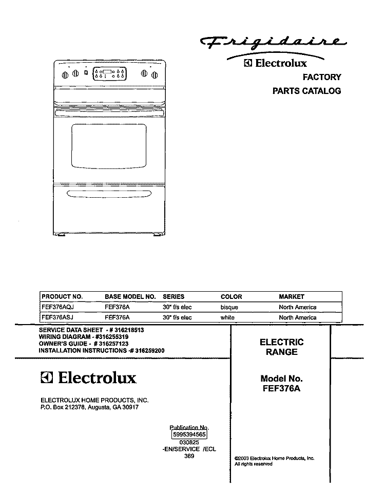 COVER Diagram and Parts List for FEF376AQJ  Frigidaire Range