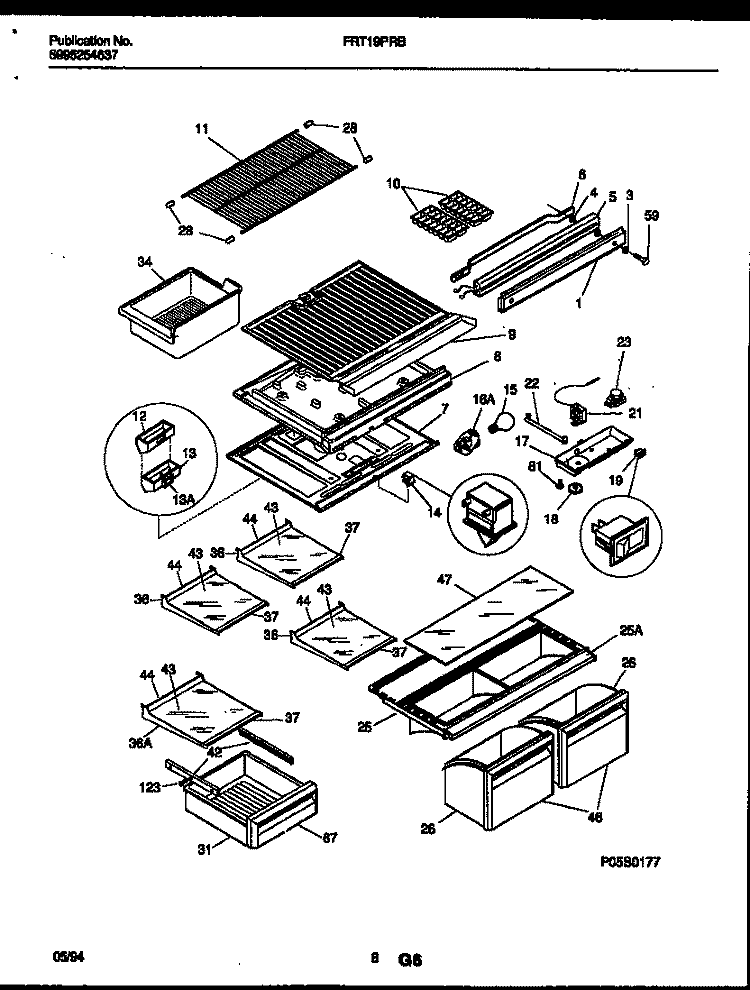 SHELVES AND SUPPORTS Diagram and Parts List for FRT19PRBD1  Frigidaire Refrigerator