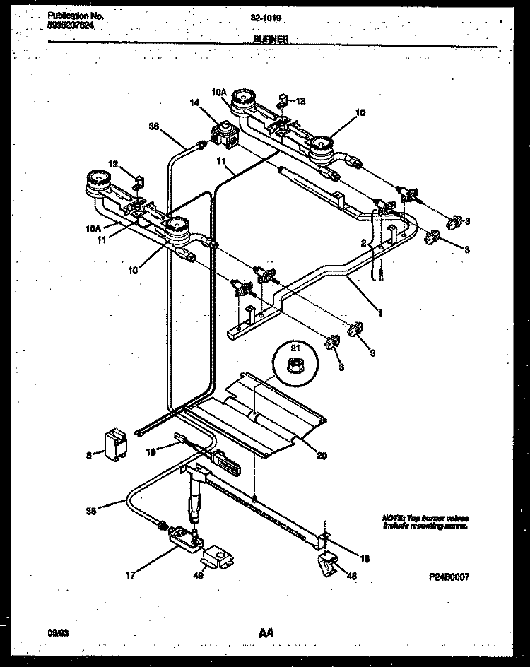 BURNER PARTS Diagram and Parts List for 32-1019-00-10  Tappan Range