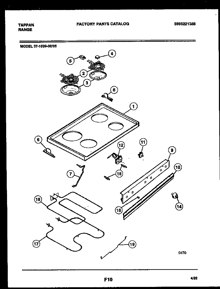 COOKTOP AND BROILER PARTS Diagram and Parts List for 37-1039-00-05  Tappan Range