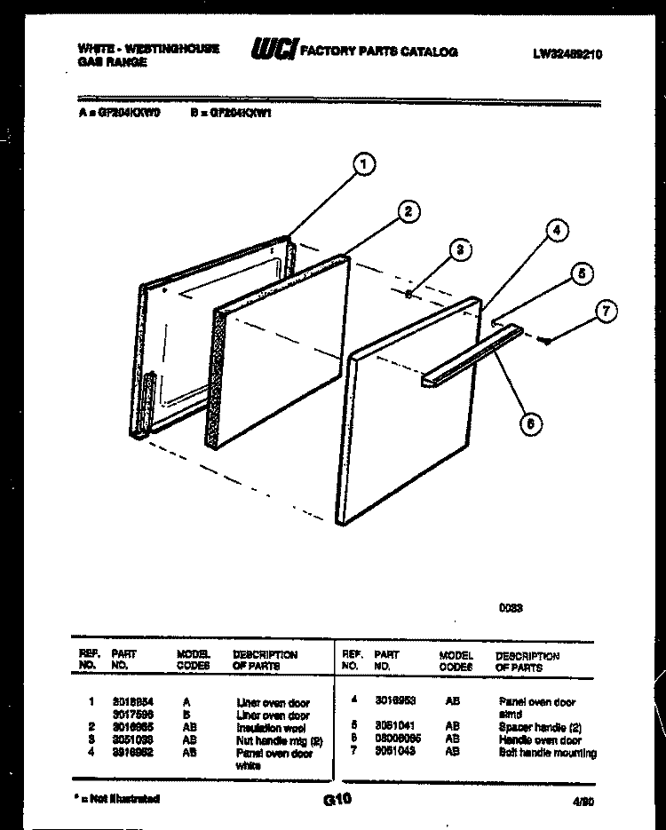 DOOR PARTS Diagram and Parts List for GF204KXD1  Frigidaire Range