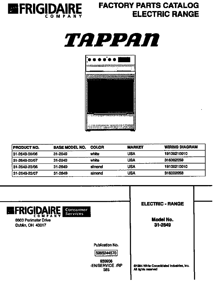 ELECTRIC RANGE Diagram and Parts List for 31-2649-00-06  Tappan Range
