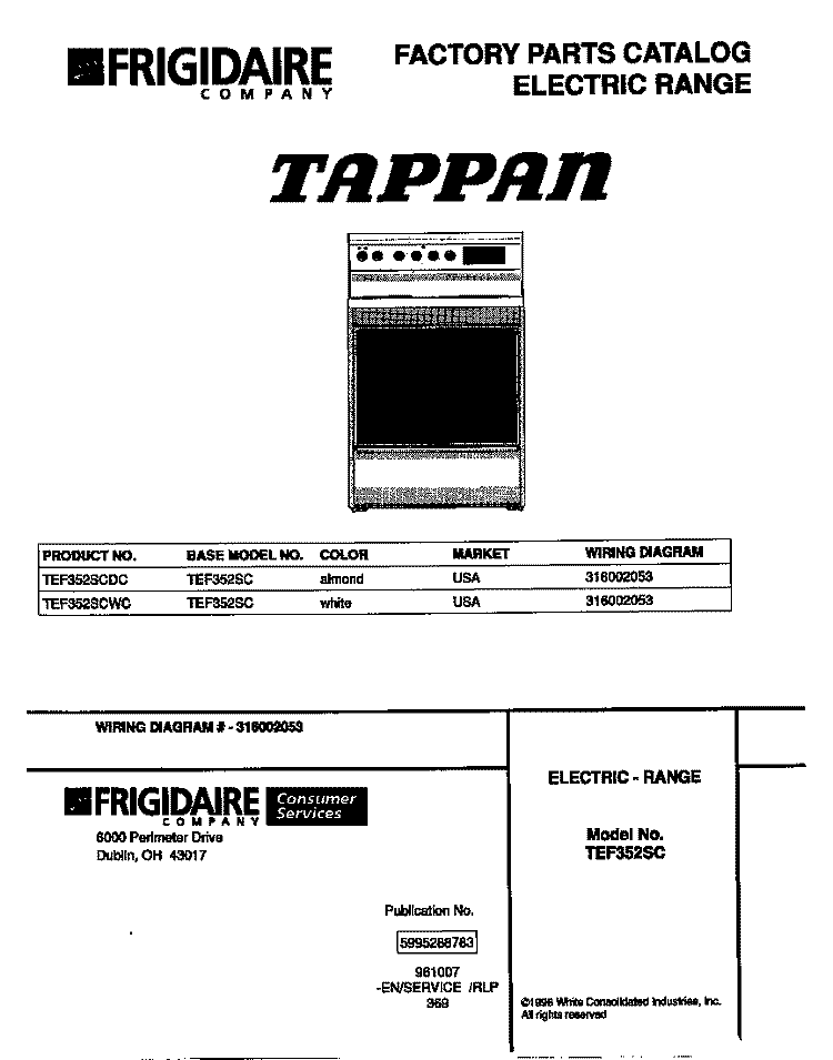 COVER Diagram and Parts List for TEF352SCDC  Tappan Range